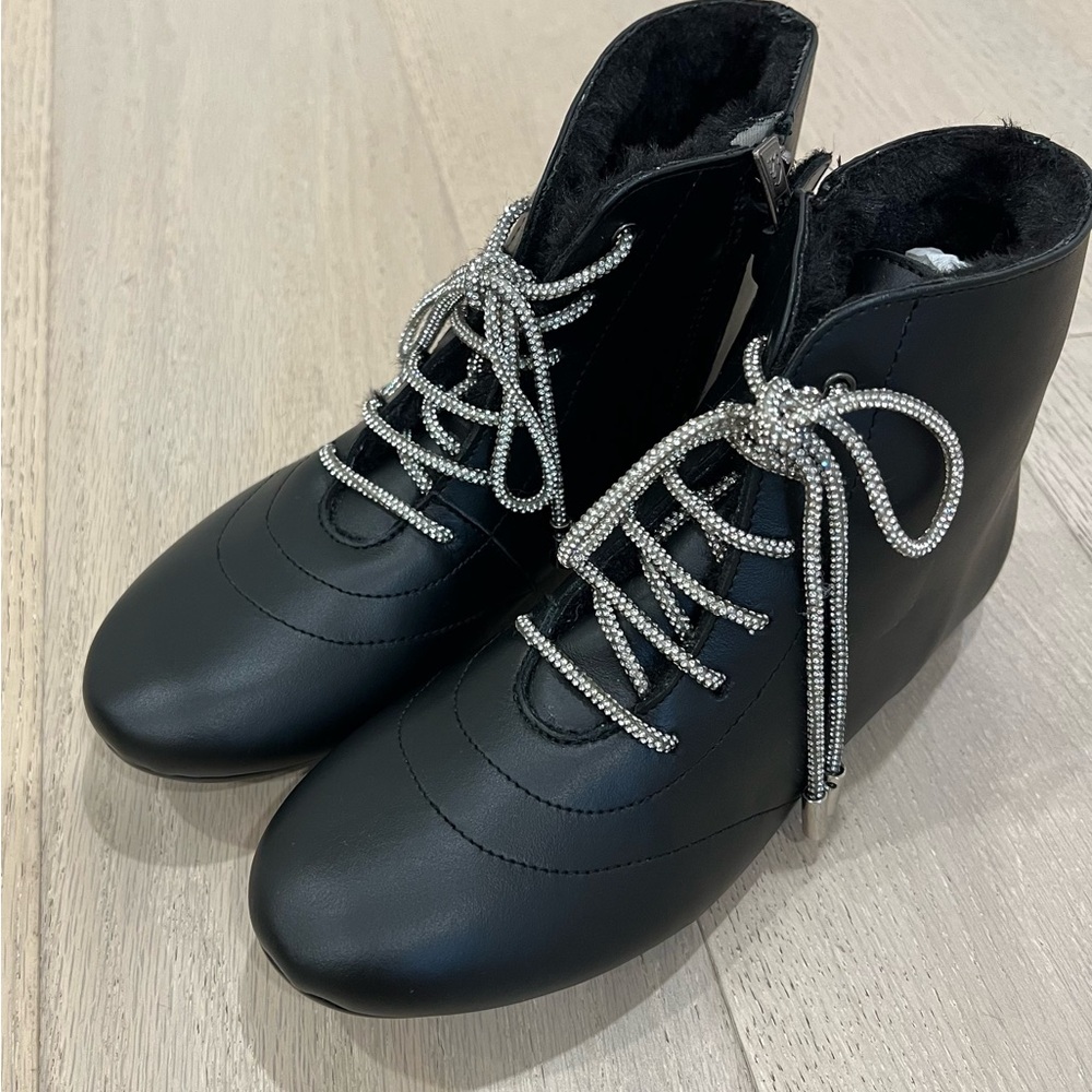 Papanata black leather rhinestone lace bootie size 37 kids
